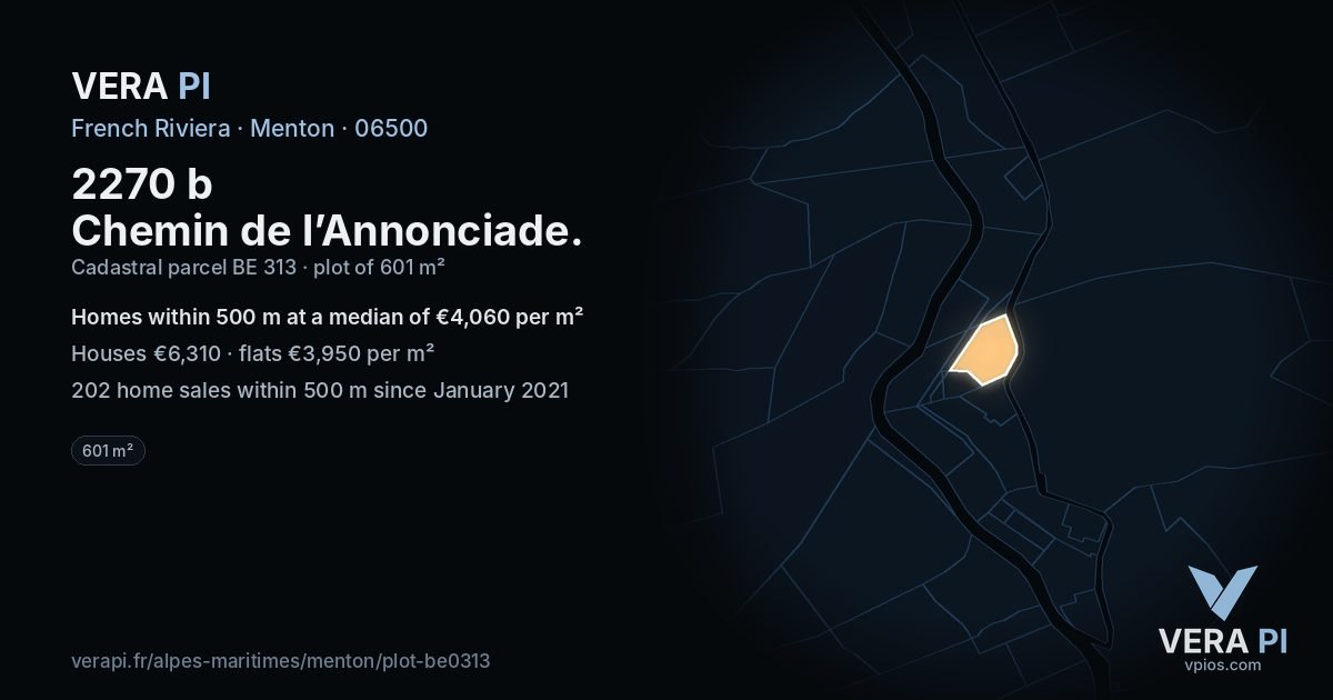 2270 b Chemin de l’Annonciade, Menton at night – the plot lit, the parcels around coloured by the prices near them