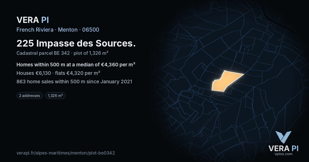 225 Impasse des Sources, Menton at night – the plot lit, the parcels around coloured by the prices near them