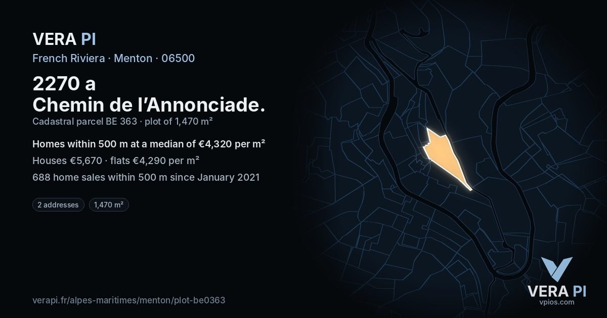 2270 a Chemin de l’Annonciade, Menton at night – the plot lit, the parcels around coloured by the prices near them