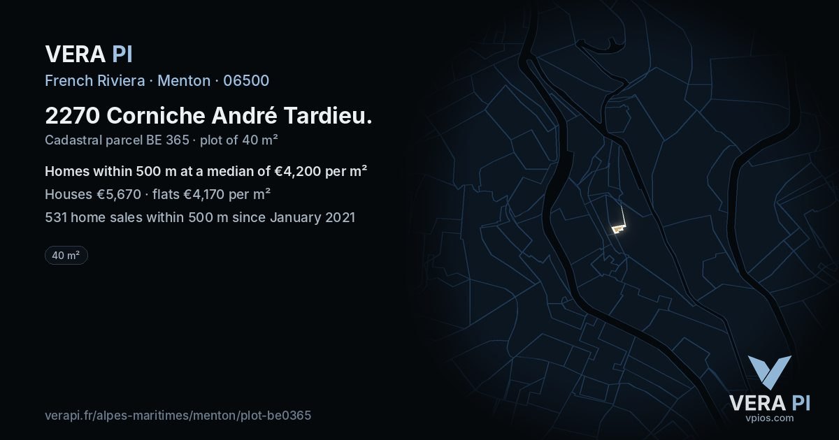 2270 Corniche André Tardieu, Menton at night – the plot lit, the parcels around coloured by the prices near them