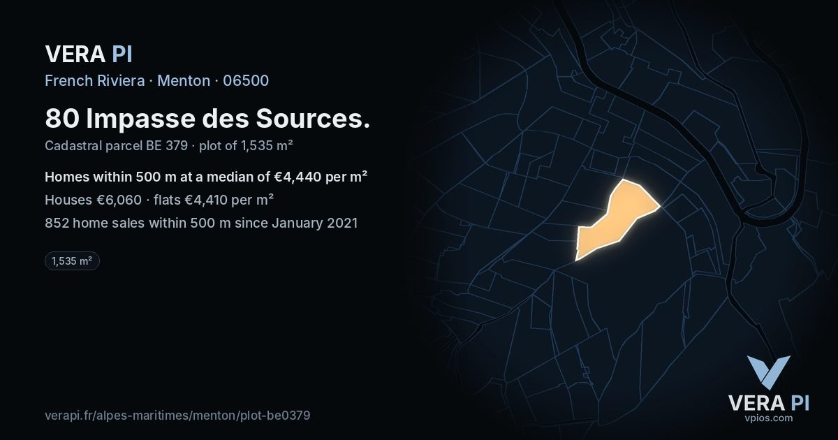 80 Impasse des Sources, Menton at night – the plot lit, the parcels around coloured by the prices near them