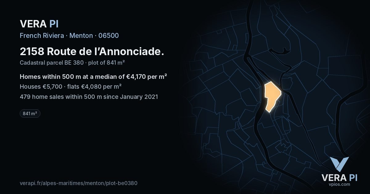 2158 Route de l’Annonciade, Menton at night – the plot lit, the parcels around coloured by the prices near them