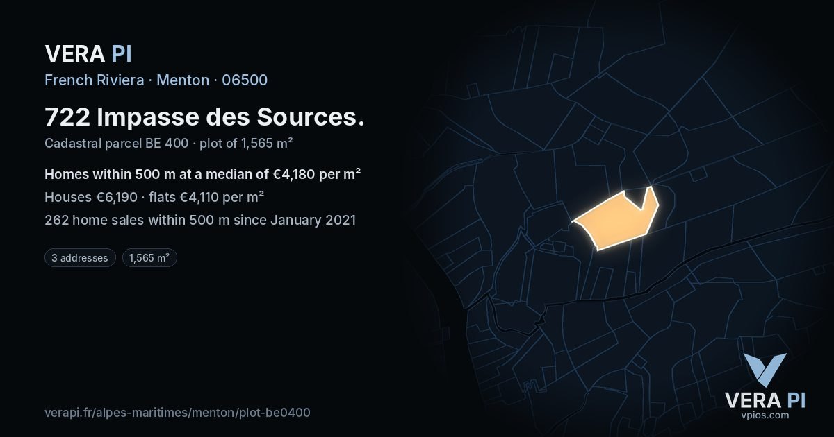 722 Impasse des Sources, Menton at night – the plot lit, the parcels around coloured by the prices near them