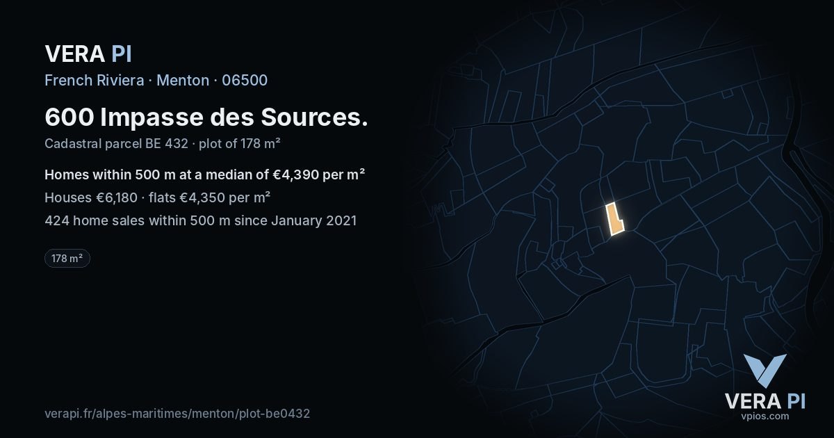 600 Impasse des Sources, Menton at night – the plot lit, the parcels around coloured by the prices near them