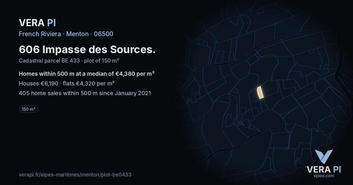 606 Impasse des Sources, Menton at night – the plot lit, the parcels around coloured by the prices near them