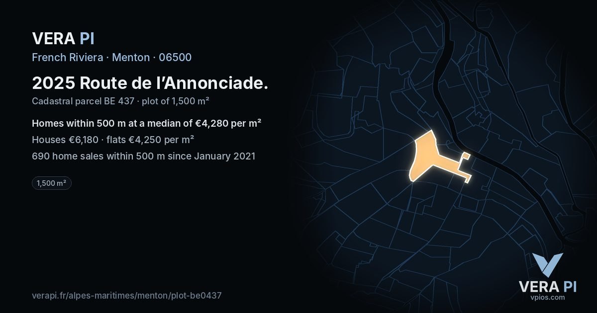 2025 Route de l’Annonciade, Menton at night – the plot lit, the parcels around coloured by the prices near them