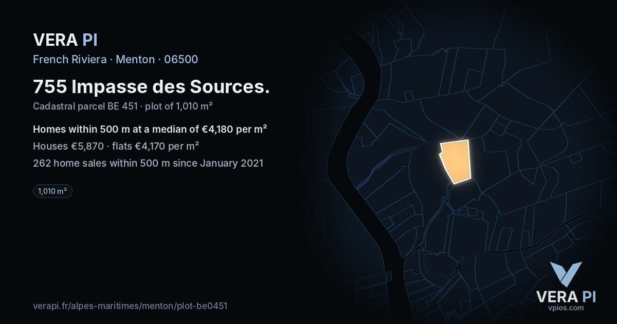 755 Impasse des Sources, Menton at night – the plot lit, the parcels around coloured by the prices near them