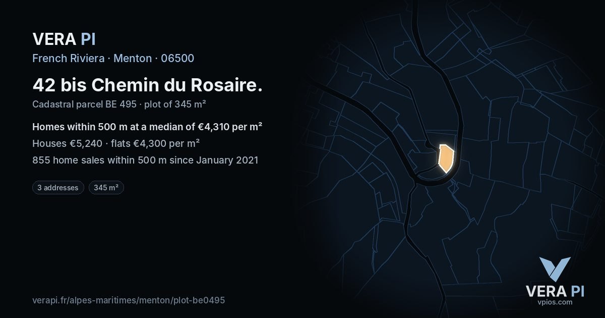 42 bis Chemin du Rosaire, Menton at night – the plot lit, the parcels around coloured by the prices near them