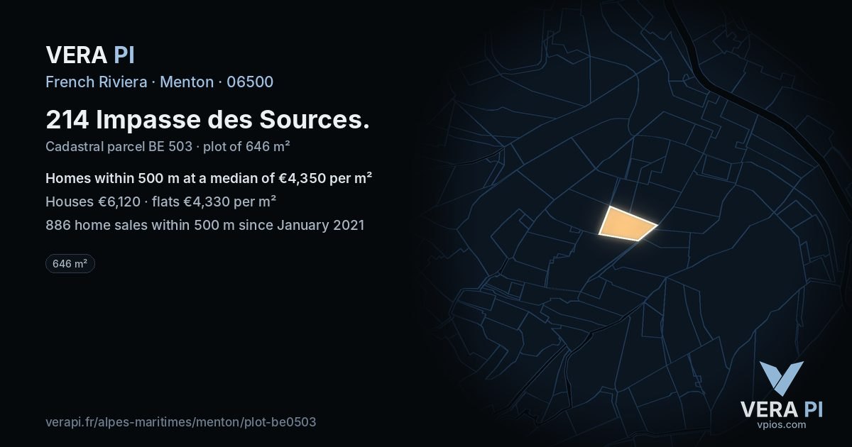 214 Impasse des Sources, Menton at night – the plot lit, the parcels around coloured by the prices near them