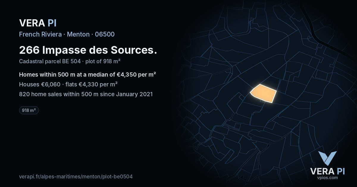 266 Impasse des Sources, Menton at night – the plot lit, the parcels around coloured by the prices near them