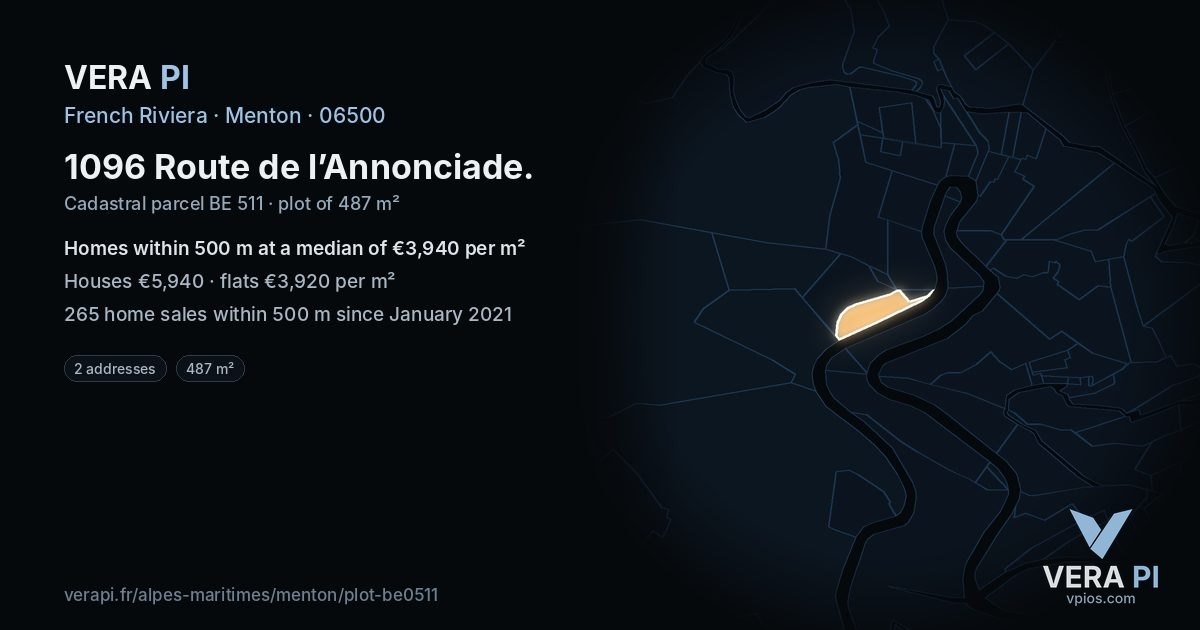 1096 Route de l’Annonciade, Menton at night – the plot lit, the parcels around coloured by the prices near them