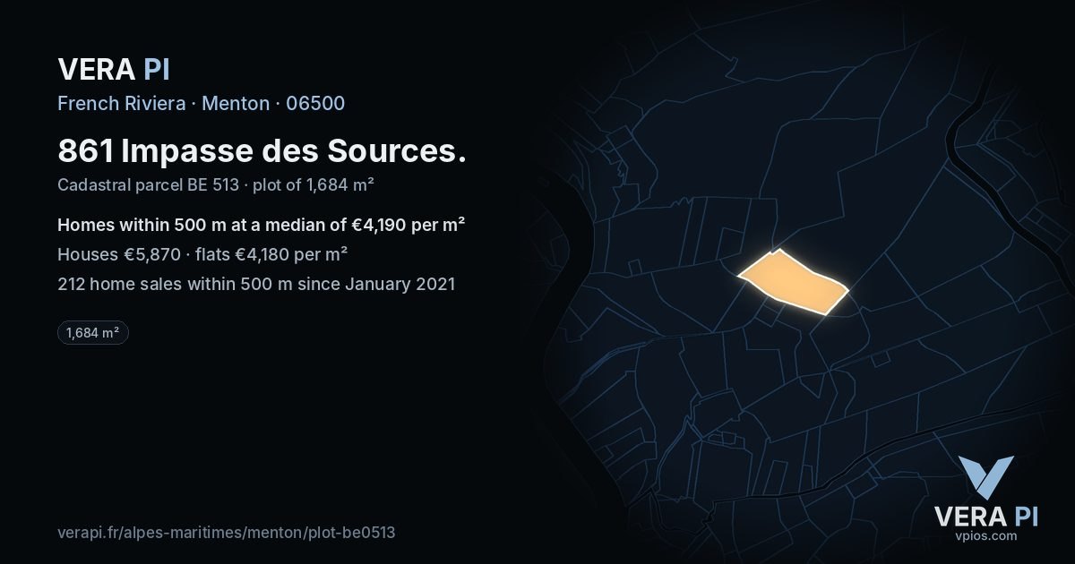 861 Impasse des Sources, Menton at night – the plot lit, the parcels around coloured by the prices near them