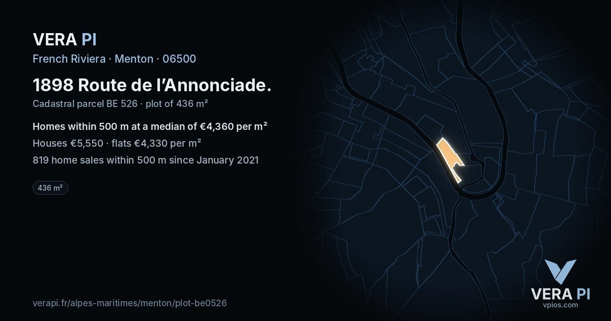 1898 Route de l’Annonciade, Menton at night – the plot lit, the parcels around coloured by the prices near them