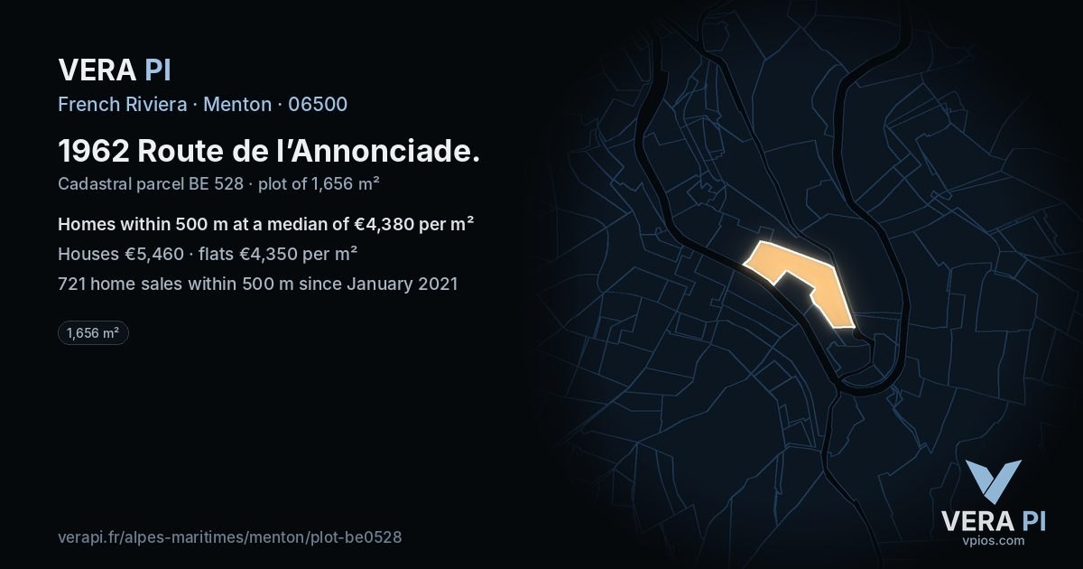 1962 Route de l’Annonciade, Menton at night – the plot lit, the parcels around coloured by the prices near them