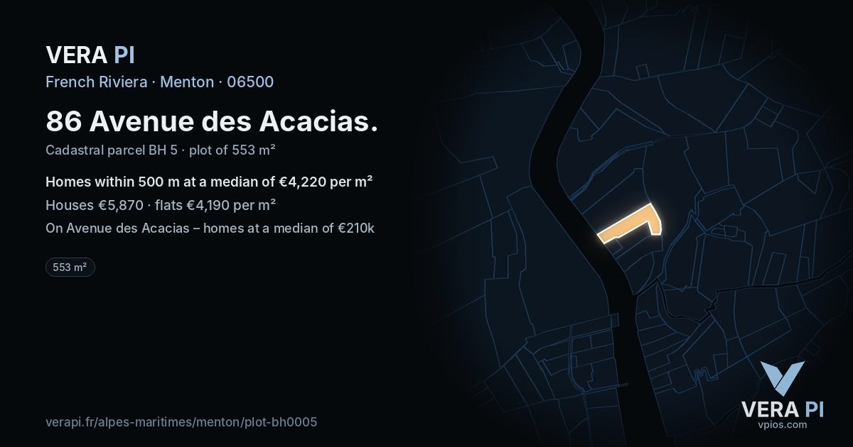 86 Avenue des Acacias, Menton at night – the plot lit, the parcels around coloured by the prices near them