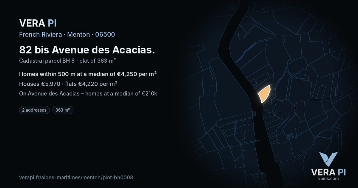 82 bis Avenue des Acacias, Menton at night – the plot lit, the parcels around coloured by the prices near them