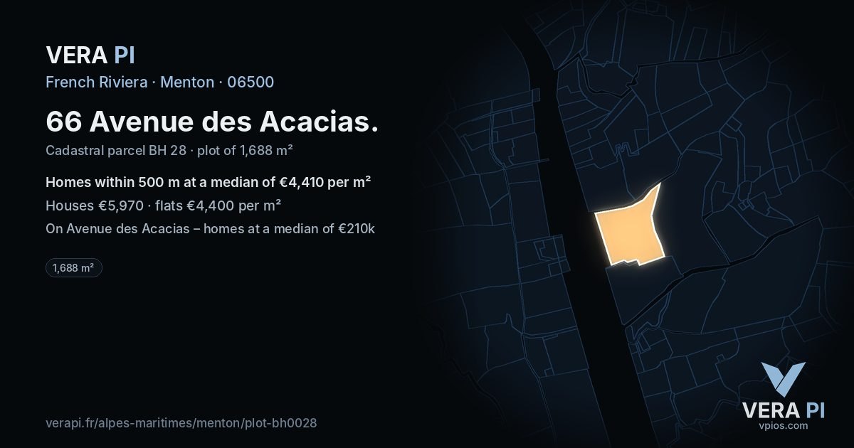 66 Avenue des Acacias, Menton at night – the plot lit, the parcels around coloured by the prices near them