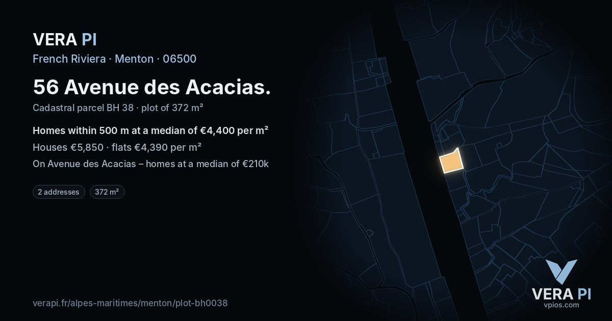 56 Avenue des Acacias, Menton at night – the plot lit, the parcels around coloured by the prices near them