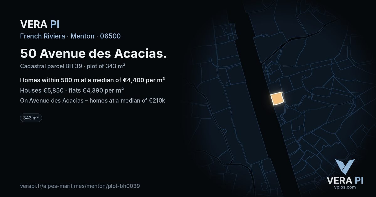 50 Avenue des Acacias, Menton at night – the plot lit, the parcels around coloured by the prices near them