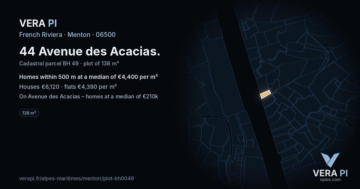 44 Avenue des Acacias, Menton at night – the plot lit, the parcels around coloured by the prices near them