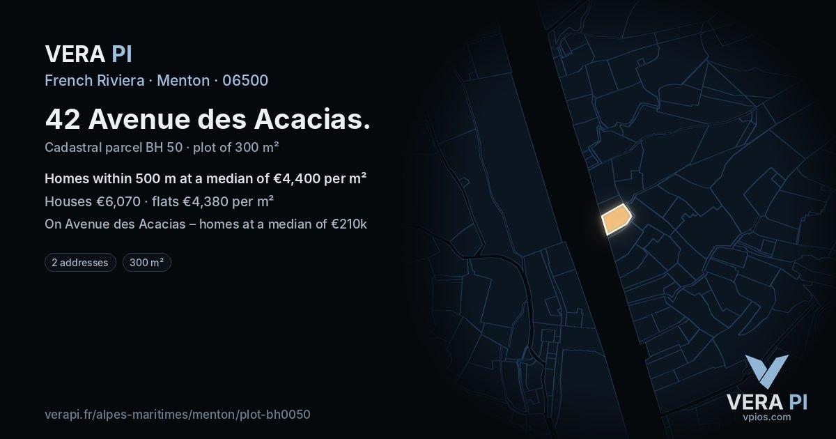 42 Avenue des Acacias, Menton at night – the plot lit, the parcels around coloured by the prices near them