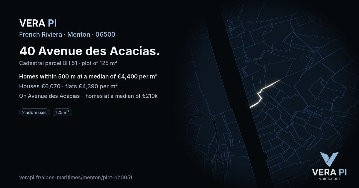 40 Avenue des Acacias, Menton at night – the plot lit, the parcels around coloured by the prices near them