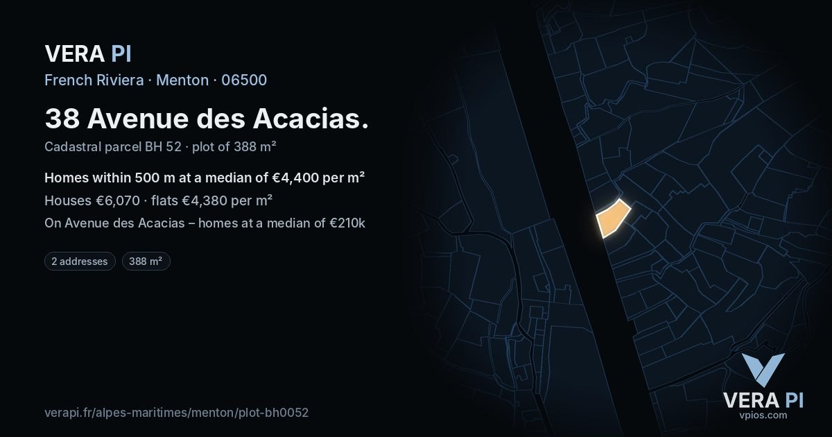 38 Avenue des Acacias, Menton at night – the plot lit, the parcels around coloured by the prices near them