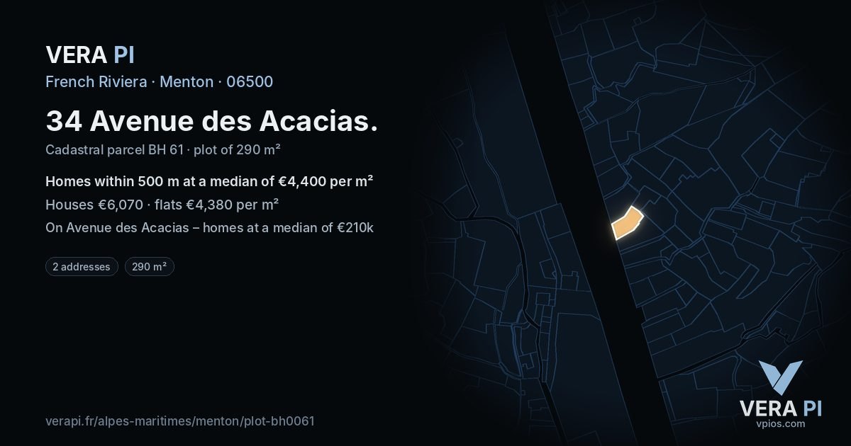 34 Avenue des Acacias, Menton at night – the plot lit, the parcels around coloured by the prices near them