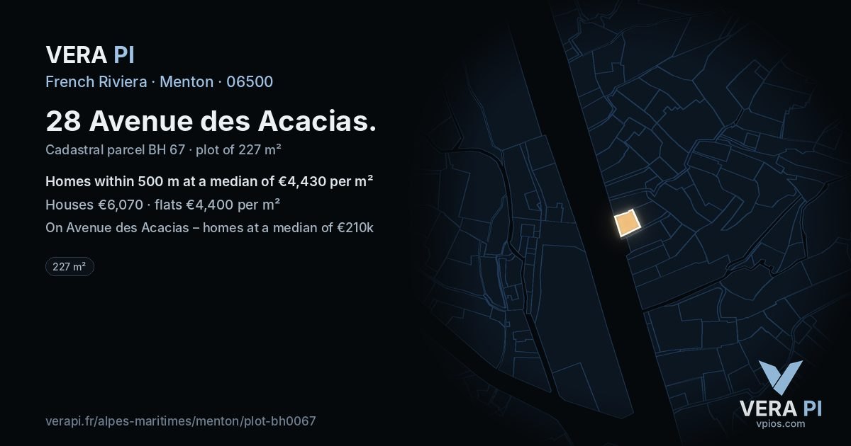 28 Avenue des Acacias, Menton at night – the plot lit, the parcels around coloured by the prices near them