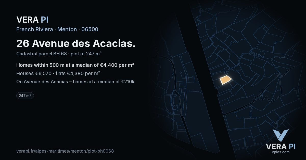 26 Avenue des Acacias, Menton at night – the plot lit, the parcels around coloured by the prices near them