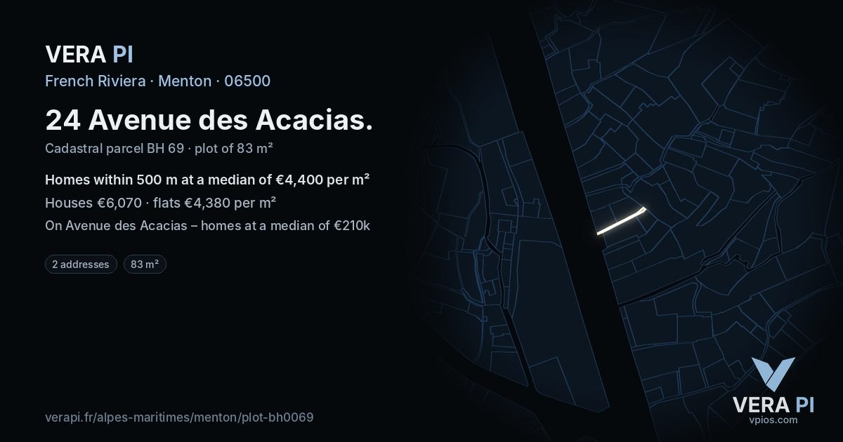 24 Avenue des Acacias, Menton at night – the plot lit, the parcels around coloured by the prices near them