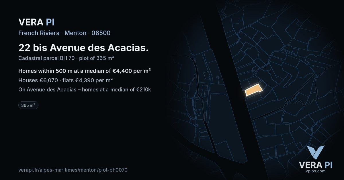 22 bis Avenue des Acacias, Menton at night – the plot lit, the parcels around coloured by the prices near them