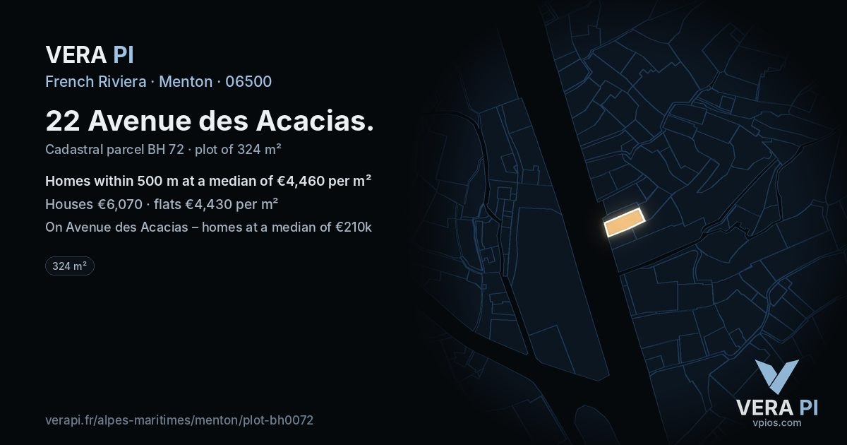 22 Avenue des Acacias, Menton at night – the plot lit, the parcels around coloured by the prices near them