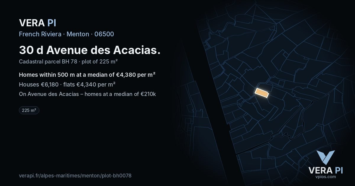 30 d Avenue des Acacias, Menton at night – the plot lit, the parcels around coloured by the prices near them