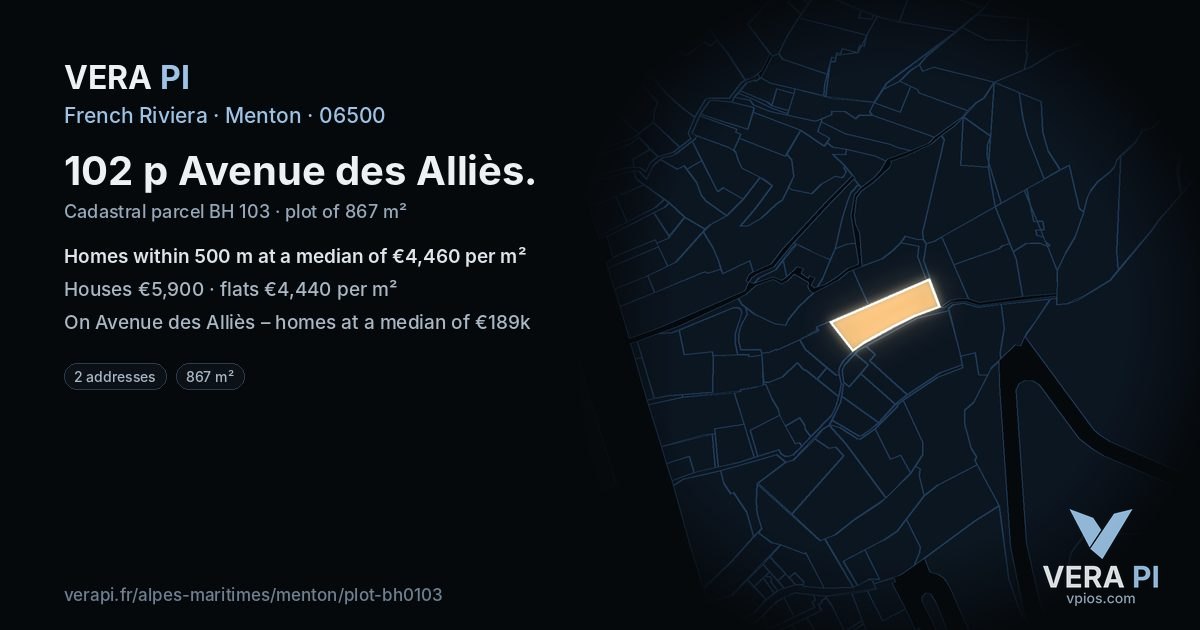 102 p Avenue des Alliès, Menton at night – the plot lit, the parcels around coloured by the prices near them