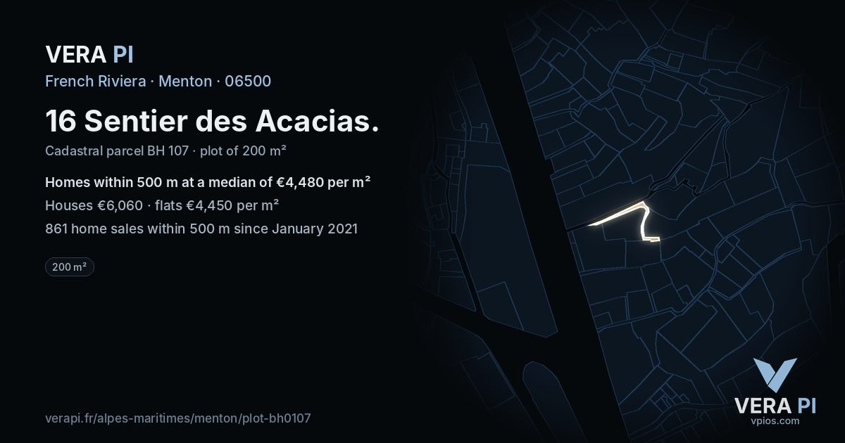 16 Sentier des Acacias, Menton at night – the plot lit, the parcels around coloured by the prices near them