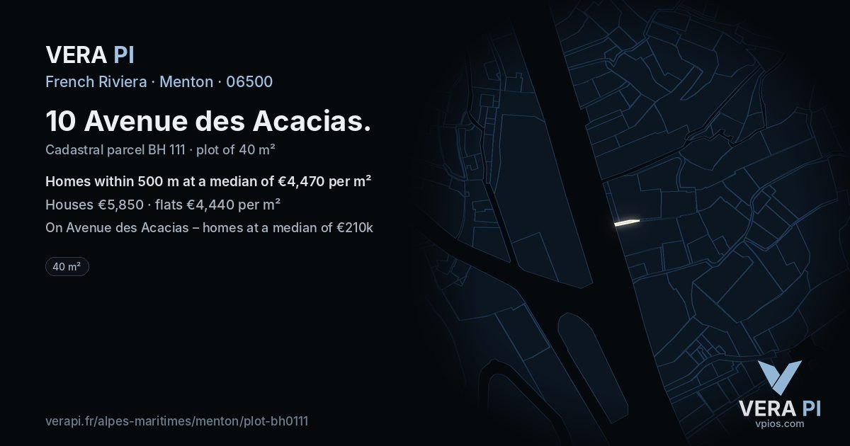 10 Avenue des Acacias, Menton at night – the plot lit, the parcels around coloured by the prices near them