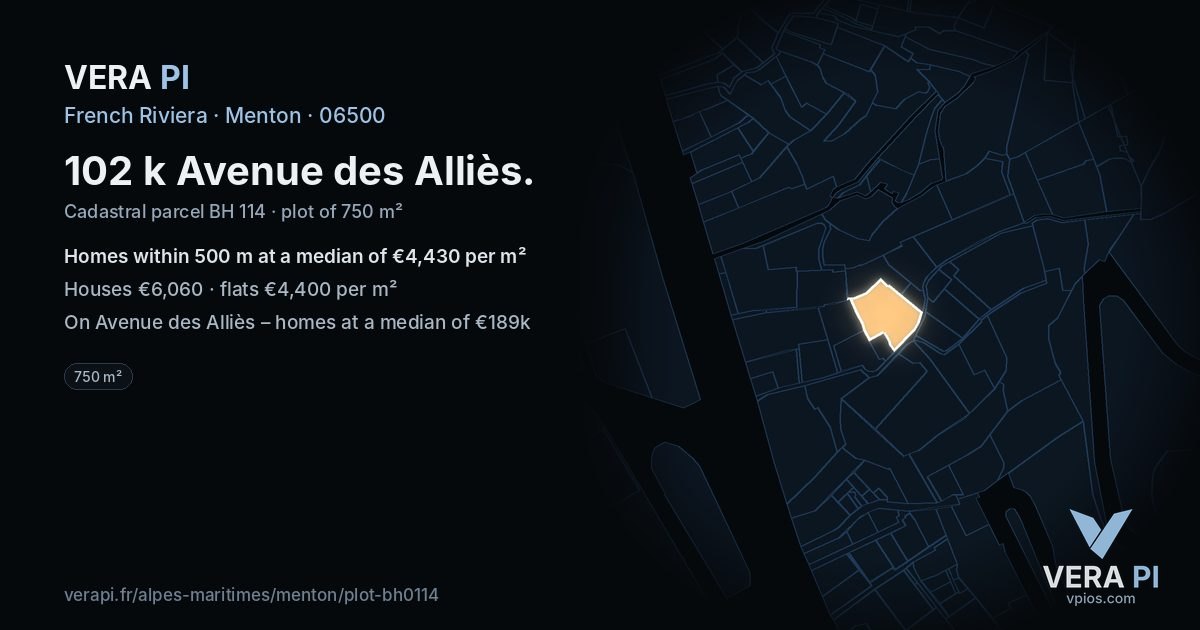 102 k Avenue des Alliès, Menton at night – the plot lit, the parcels around coloured by the prices near them