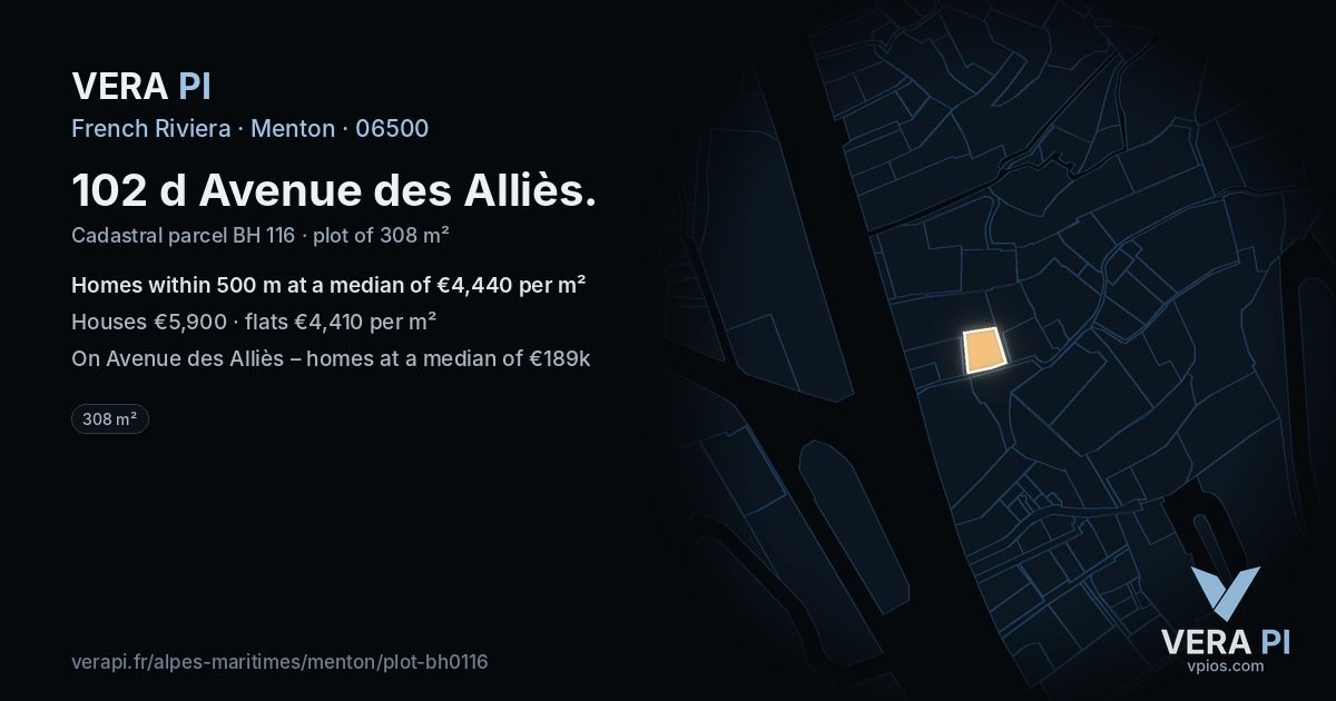 102 d Avenue des Alliès, Menton at night – the plot lit, the parcels around coloured by the prices near them