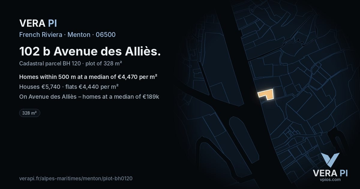 102 b Avenue des Alliès, Menton at night – the plot lit, the parcels around coloured by the prices near them