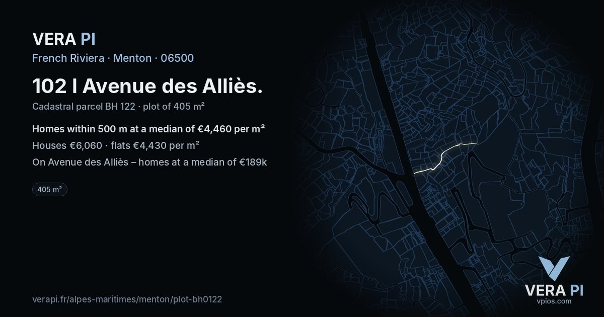 102 l Avenue des Alliès, Menton at night – the plot lit, the parcels around coloured by the prices near them