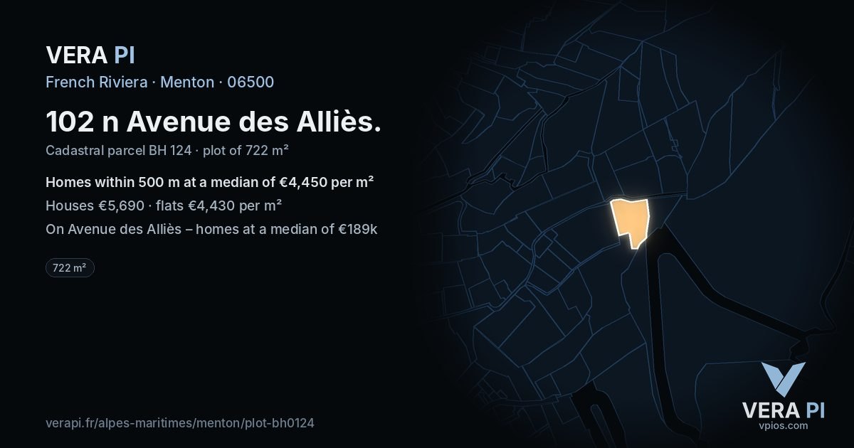 102 n Avenue des Alliès, Menton at night – the plot lit, the parcels around coloured by the prices near them