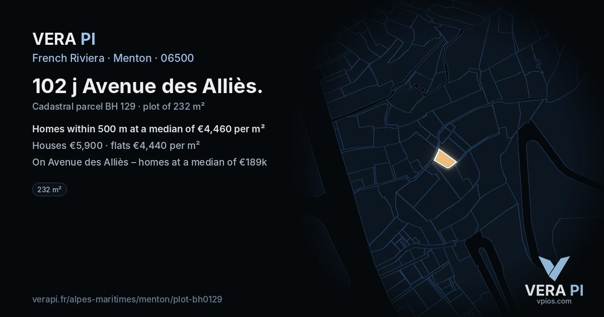 102 j Avenue des Alliès, Menton at night – the plot lit, the parcels around coloured by the prices near them