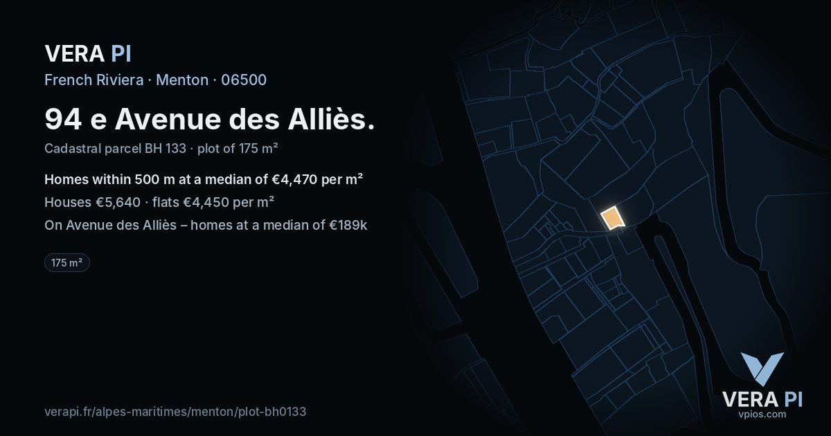 94 e Avenue des Alliès, Menton at night – the plot lit, the parcels around coloured by the prices near them