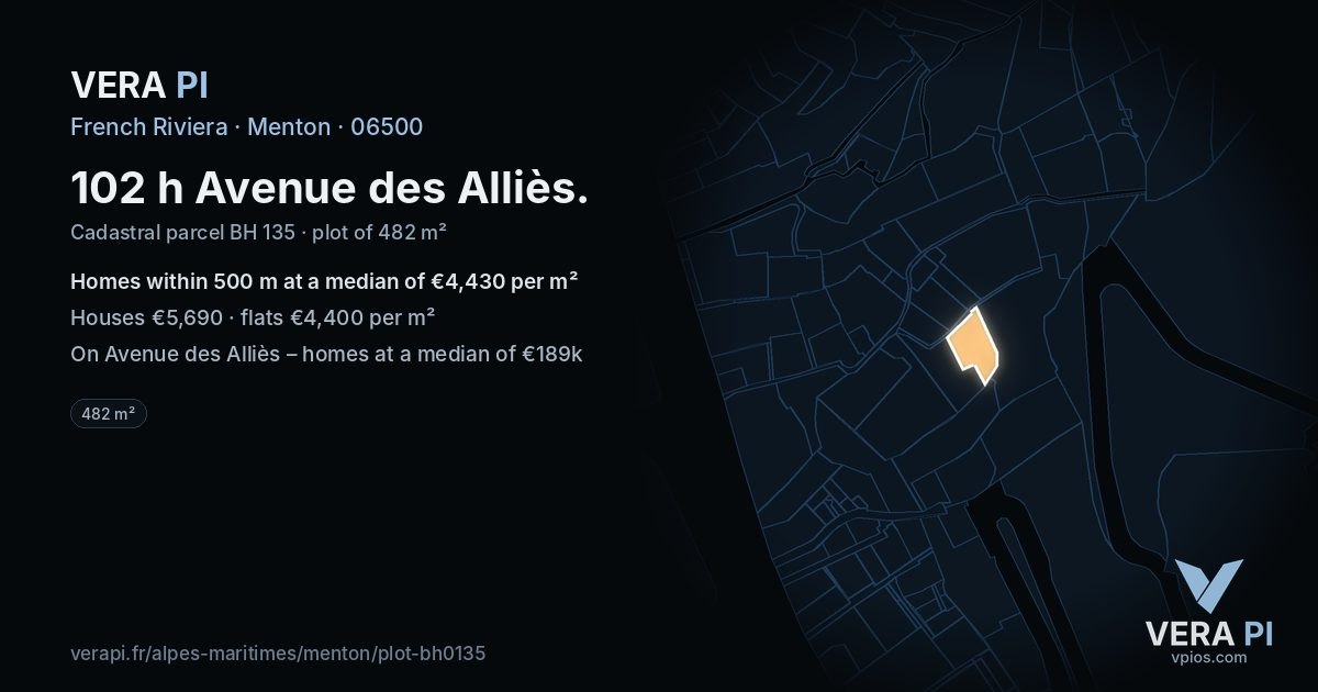 102 h Avenue des Alliès, Menton at night – the plot lit, the parcels around coloured by the prices near them