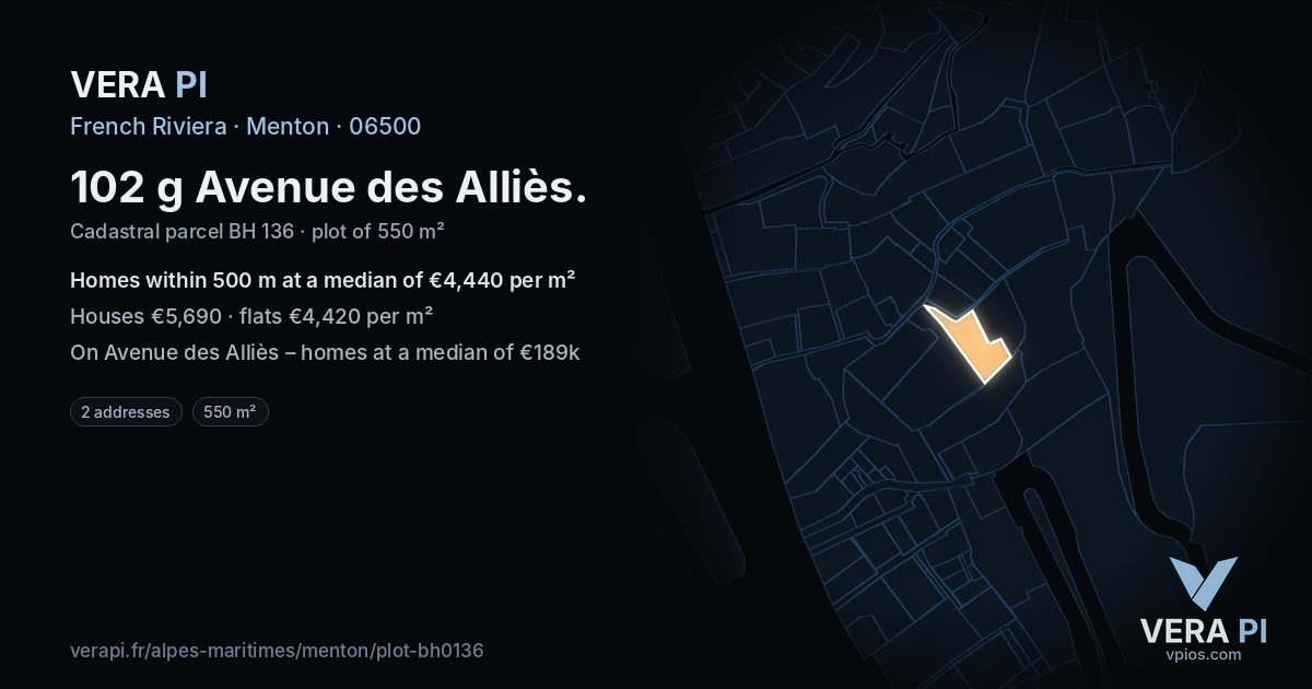 102 g Avenue des Alliès, Menton at night – the plot lit, the parcels around coloured by the prices near them