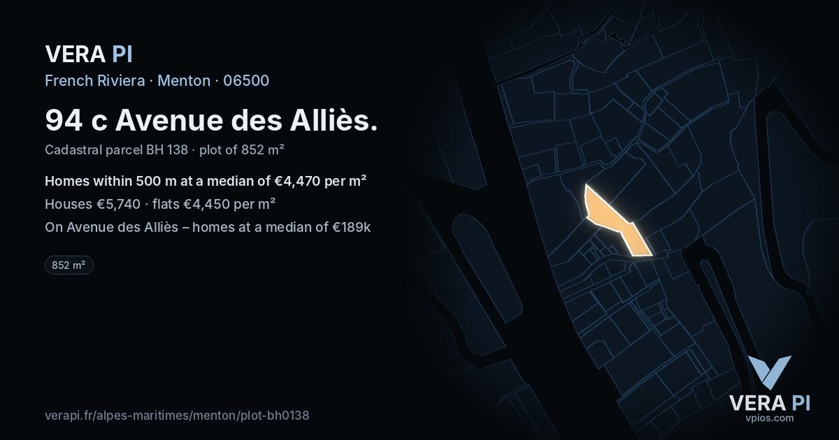 94 c Avenue des Alliès, Menton at night – the plot lit, the parcels around coloured by the prices near them