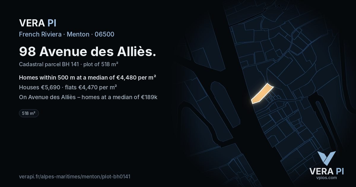 98 Avenue des Alliès, Menton at night – the plot lit, the parcels around coloured by the prices near them