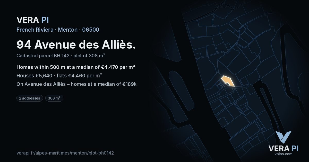 94 Avenue des Alliès, Menton at night – the plot lit, the parcels around coloured by the prices near them