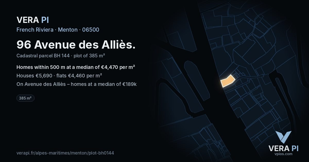 96 Avenue des Alliès, Menton at night – the plot lit, the parcels around coloured by the prices near them